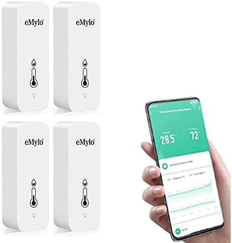 eMylo - Termometro WiFi igrometro interno, con sensore di temperatura, mini igrometro termico con app intelligente e registrazione dati (4 pezzi)
