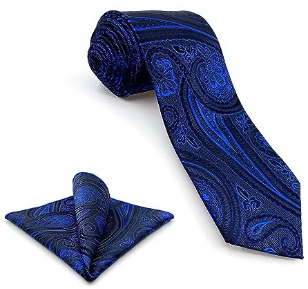 S&W SHLAX&WING Krawatten-Set für Herren, Paisleymuster, luxuriöse marineblaue Herrenkrawatte mit gewebtem Einstecktuch Set Classic Größe 147cm