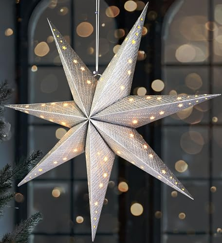 BRUBAKER LED Weihnachtsstern zum Aufhängen - 60 cm Papierstern | 3D Adventsstern mit 7 Spitzen - Batteriebetrieben, Hängend und Beleuchtet - Fenster Deko Leuchtstern - Silber