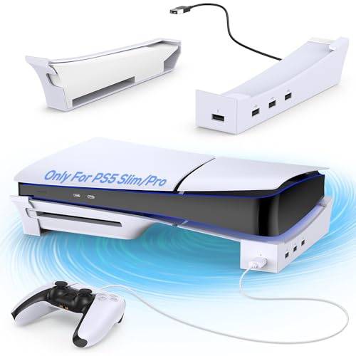 Horizontaler Ständer für Playstation 5 Pro/PS5 Slim Konsole mit 4-Port-USB-Hub, Ständer Zubehör Nur für PS5 Pro/PS5 Slim (Disc und Digital Edition), Halterung für PS5 Controller, Aufladen (Weiß)