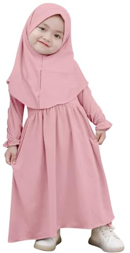 Muslimisches Kleid f?r Baby M?dchen Abaya Maxikleid Mit Hijab Gebetskleidung f?r Kleinkinder Neugeborene Islamisches Gebetskleid Ramadan Kaftan Dubai Outfit Einfarbig Zweiteilig Rosa 18-24 Monate