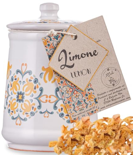 Italian Lemon Peel, Granules in Italian Handmade Ceramic Jar, Lemon Zest and Rind, Herb, Spice & Seasoning Gifts, ARTIGIANI DEI SAPORI, Product of Italy, Net Weight 0.7 oz (The Spice)