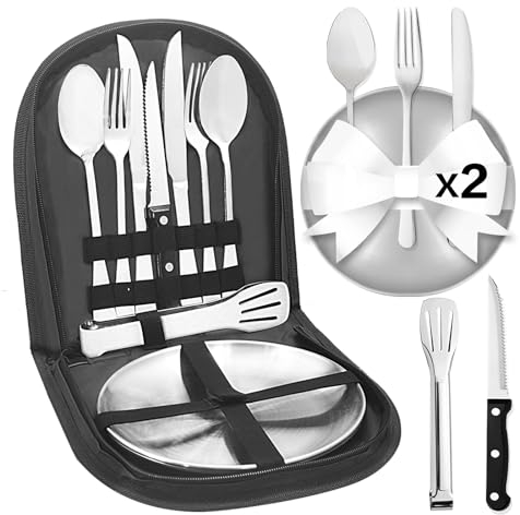 Cynrikah Vajilla Camping 2 Personas, 11PCS Set de Picnic Juego de Vajilla Camping Juego de Cubiertos Camping Accesorios Cuchara Tenedor Cuchillo Plato para Barbacoas Viajes Senderismo(Bolsa Negra)