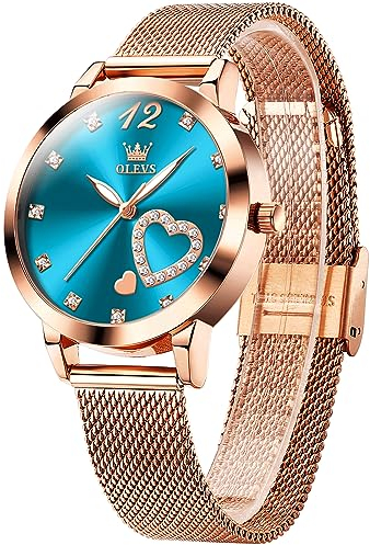 OLEVS Damenarmbanduhren Roségold Edelstahl Uhrenarmband Mode Mesh Klein Damenuhr Analog Kleid Diamant Herzform Blau Farbe Armbanduhr Damen Ultradünne Moderne Quarz Uhr Damen Leuchtend Wasserdicht