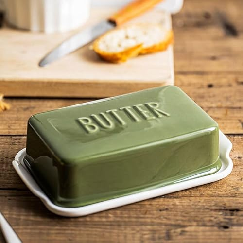 Beurrier recouvert de porcelaine avec couvercle pour support de beurre de comptoir, récipient pour un bâton de beurre, plateau texturé pour rangement antidérapant, vert, taille S