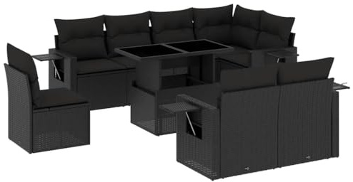vidaXL Loungegrupp för trädgården m dynor 9 delar svart konstrottning