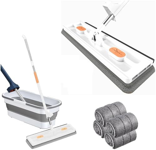 Trapeador Plano Grande con 4 Almohadillas de Microfibra, trapeador Plano Grande 2024, Juegos de trapeador Plano Grande y Cubos, trapeadores de Pared para White Mop+4 Pads+Bucket