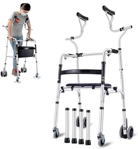SXTYFBB Gehgestell, faltbar, aus Aluminium, für Senioren, Gehhilfe, stehend unter den Achseln, vertikal, höhenverstellbar, mit abnehmbaren Rädern, Höhenbereich 150 – 175 cm