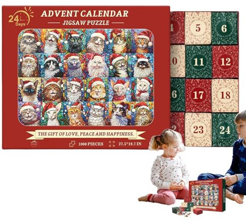 Katzen-Puzzle-Adventskalender 2025 – Countdown-Kalender, 24-Tage-Adventskalender Aus Papier, 1000-teiliges Papier-Familienspiel-Puzzle, Weihnachts-Katzen-Puzzlespielzeug Für Kinder, Teenager