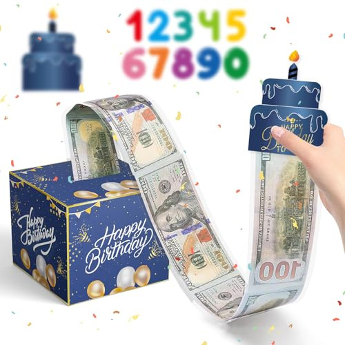 KASESSS Geldgeschenke Geburtstag Mystery Box, Geschenkbox DIY Happy Birthday, Geburtstag Überraschungsbox, Explosionsbox Geburtstag, Geld Geschenkverpackung für Ihre Familie, Kinder, Freunde Blau-Gold