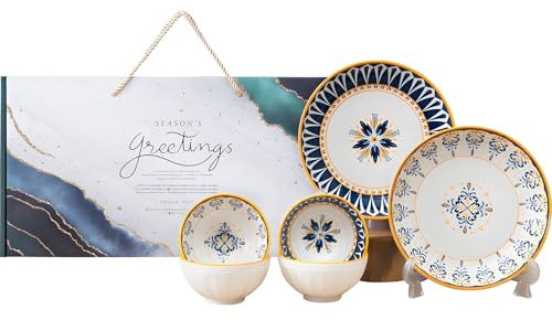 AmiCera Dinner Set-Plates and Bowls Set-Geometric Symmetry Pattern Crockery Set-Tableware Gift Set-Dinnerware Set-20 cm/7.8 inches Dinner Plates for 2 and 300 ml Cereal Bowl for 4