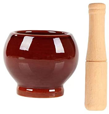 FAJNUZI2024 Mörser & Stößel Porzellanmörser mit Holzstößel Home Vintage Design Brauner Mörser und Stößel Gewürzkräutermühle Pillenzerkleinerer-Set, hochwertiges Porzellan Mörser mit Stößel Set