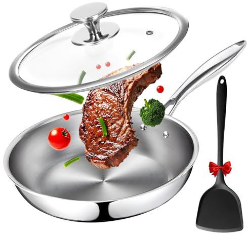 vapourd Stainless Steel Frying Pan with Lid, Frying Pan for Searing & Sauteing, 5 Ply Alloys Cookware for Durability & Even Heating, Stainless Steel Pans That Bring a Chef's Kitchen Home
