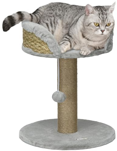 PawHut Kratzbaum Katzenbaum 49 cm mit Spielball für Kleine Katzen Grau | Kleiner Katzenturm, Sisalstämme, Plattform, Katzenkratzbaum, Kletterbaum