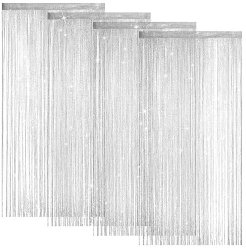 LITLANDSTAR 4 Stück Fadenvorhang Türvorhang, Glitzer Türvorhang Fensterdekoration Raumteiler Dekoration Perlenvorhang für Hochzeit Party Dekoration, 100 x 200cm (Silber)