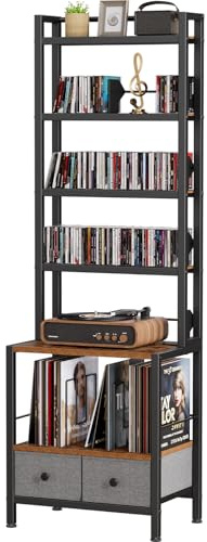 Epouseter CD Storage Rack with Drawers, 6-Tier Media Organizer Shelf w/Vinyl Record Holder & DVD Shelf Organizer, Adjustable Book Stoppers for Books, Games, Albums – 20.8x11.8x63 Inches