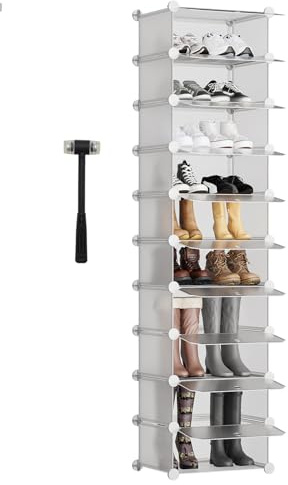 Sekey Schuhregal 10 Etagen, Schuhschrank Platzsparend Kunststoff, Schuhregal Schmal für Flur Schlafzimmer Eingang Umkleidezimmer - 43 * 31 * 173cm，Weiß und Transparent