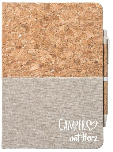 Huuraa Notizbuch A5 Camper mit Herz Geschenk | Journal 80 Blatt inkl. Kugelschreiber Tagebuch Geschenkidee Reisetagebuch unliniert Hardcover aus Kork und Baumwolle