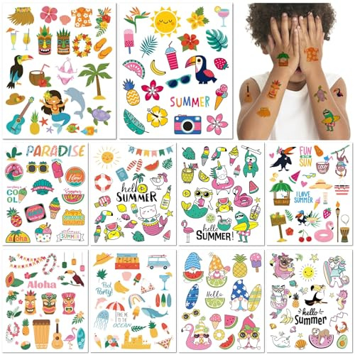 10 Sheets Hawaiian Temporary Tattoos Waterproof Cute Summer Beach Party Tattoo Stickers Fashionable Hawaiian Style Tattoo for Women Men Kids