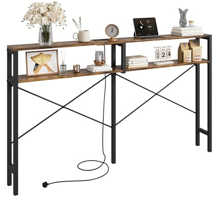 IRONCK Console Table with Power Outlet, 2-Tier Slim Sofa Table, 180 cm Narrow Behind Sofa Couch Table, 2 USB Ports, Long Hallway Table for Entryway, Living Room, 180x20x104cm, Rustic Brown Black
