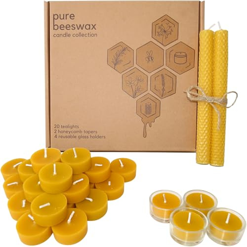 Treehouseco Pure Beeswax Tealight Candles (20 Pack) with 2 Honeycomb Taper Candles & 4 Reusable Glass Holders – Non-Toxic, Eco-Friendly, Long Burning