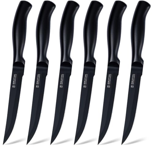targzier 6 Steakmesser,13cm Wellenschliff Edelstahl,Scharfe,Poliert,Schwarz | Küchen-Steakbesteck,Tafelmesser,Pizzamesser,Profi Hochwertiges Steak Messerset,Robuste Kunststoffgriffe,Spülmaschinenfest