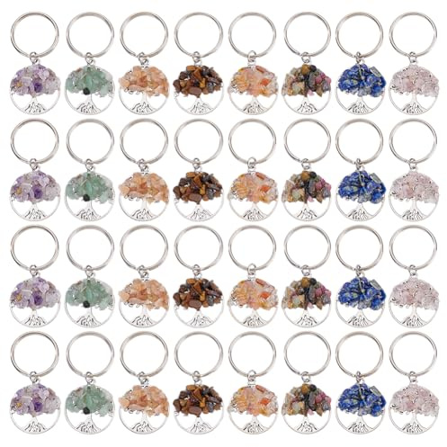 HOBBIESAY 32 Pezzi 8 Colori Albero Della Vita Portachiavi Charmes Bulk Misto Pietra Alberi Della Vita Portachiavi Portachiavi Accessori Chiave Pietra Gemma Alberi Ciondolo Charm Per Borse Decorazione