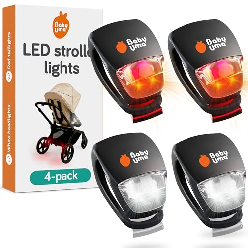 Baby Uma Luces LED para Carrito (Pack 4) – Universales con 3 Modos de Luz (Constante/Pulso/Estroboscópica), Luces Delanteras y Traseras para Carrito y Bicicleta Clip-On