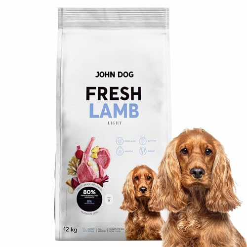 JOHN DOG Premium Trockenfutter für Hunde Fresh - Hundefutter trocken getreidefrei mit 80% Fleischanteil - Hundetrockenfutter mit Lamm - aus natürlichen Zutaten - für ausgewachsene Hunde 12kg