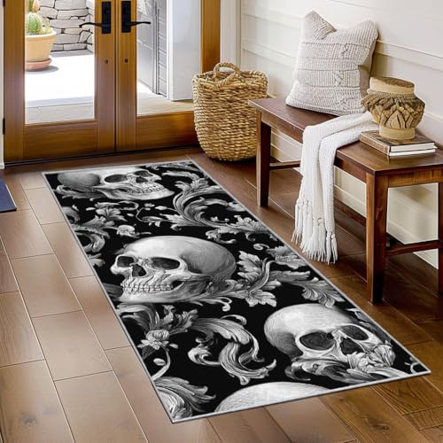 Generisch Läufer Flur Schädel, Waschbarer Teppich Läufer Vintage Damast Gotik 50x150, Küchenteppich, Eingangsbereich, Bettvorleger, Schlafzimmer Deko, rutschfest, Kurzflor i1762