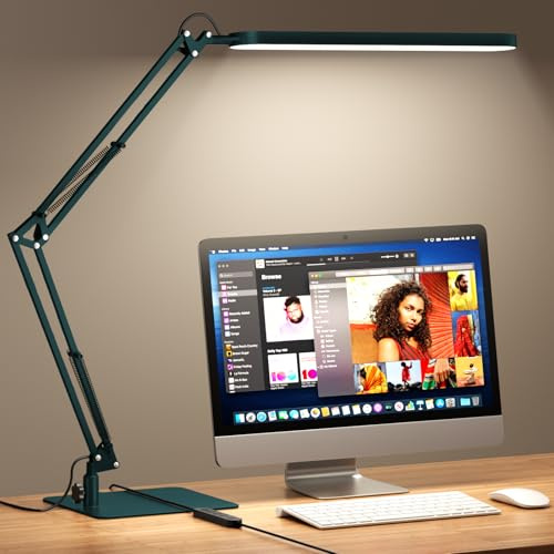 SKYLEO Lampada da Scrivania - Base Ultrasottile - Braccio Girevole Regolabile Lampada Scrivania, Dimmerabile, Timer, Funzione Di Memoria, 1300 LM, 12W, Verde