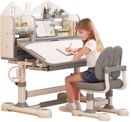TAKEAUFLY Kids Desk and Chair Set, Height Adjustable Study Desk for Kids Ages 3–12, Easy-Turn Crank Ergonomic Desk with 50° Tiltable Desktop, Storage Drawer & Bookshelf (015-Grey)