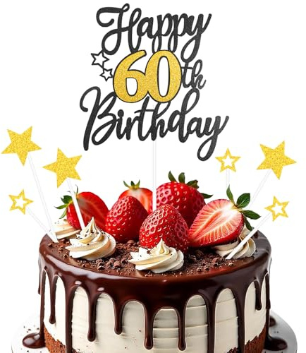 60th Happy Birthday Cake Topper with Stars,7Pcs Black Gold Glitter Cake Decorations,60 Years Birthday Celebrating Cakes Decoration for Boys and Girls Themed Party Supplies (60th)