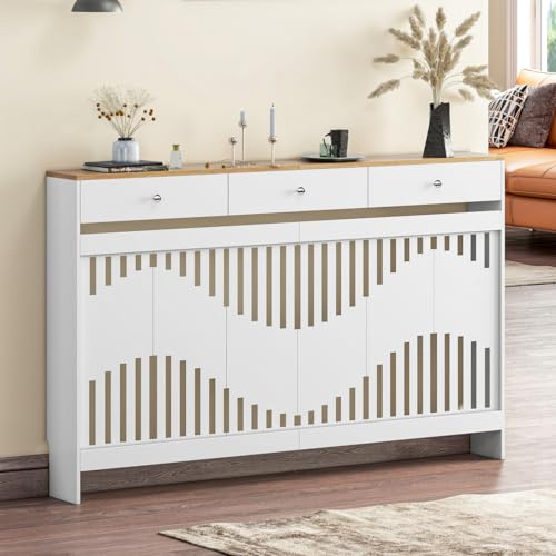 Luxstein Radiator Cover with Drawers, White Wooden Radiator Shelf Pipe Covers Cabinet with Wavy Grill for Living Room Bedroom Hallway, 152Lx19Wx95Hcm