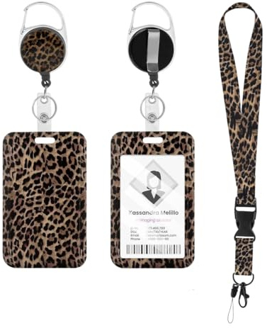 Ausweishülle mit Band, Leopard Print Kunststoff Kartenhalter mit Einziehbaren Badge Reel Karabiner abnehmbare Lanyard Karte Schutz, Lehrer Büro Geschenke, für Frauen Krankenschwester