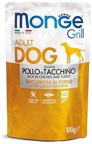 Monge Grill Bocconcini Adult Dog Ricco in Pollo e Tacchino, Oven Cooked Chunkies, Grain Free, 24 bustine da 100 gr l'una