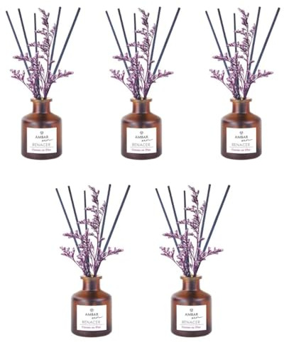 TIENDIFY - Ambientador Mikado Decorativo Ambar Zen | 40 ml con Flor Ornamental | Difusor de Varillas para hogar Oficina y salón Ideal para Espacios Interiores (5 Unidades, Ambar Cedro)