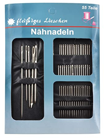 fleissiges Lieschen 63617 Nähnadeln Nadelset 55 teilig auf Karte-Verschiedene Nadeln Stopfnadel, Sacknadel, Chenillenadel, Applikationsnadel-Aus Metall, Leder, Silber, 1-Pack, stück