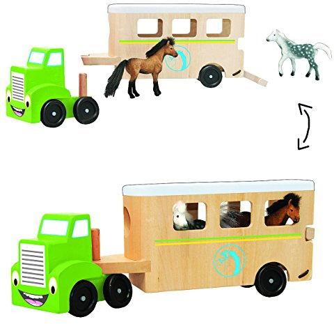 alles-meine.de GmbH Pferdetransporter/Pferdeanhänger mit Auto & 2 Pferde - aus Holz - Fahrzeug - Pferdestall - Pferdetransportwagen - Holzauto Reitturnier - Tier Transporter / ..