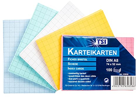 TSI Karteikarten farbig sortiert, 100er Packung, kariert, Größe: DIN A8 (74 x 52 mm), Art. Nr. 65858