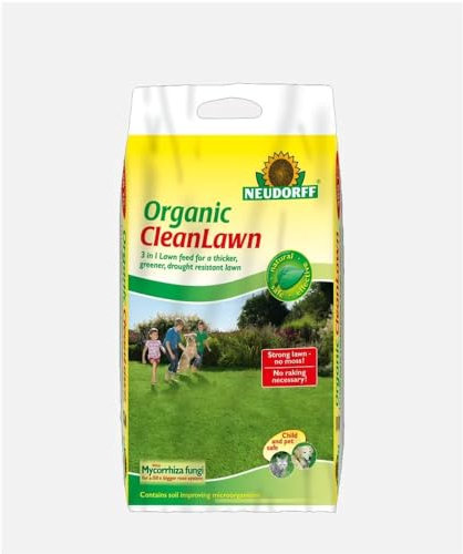 Neudorff Organic CleanLawn, Lawn Fertiliser for a Thicker, Greener, Drought Resistant Lawn, Suppresses Moss and Weeds, 8 kg for 160 m²