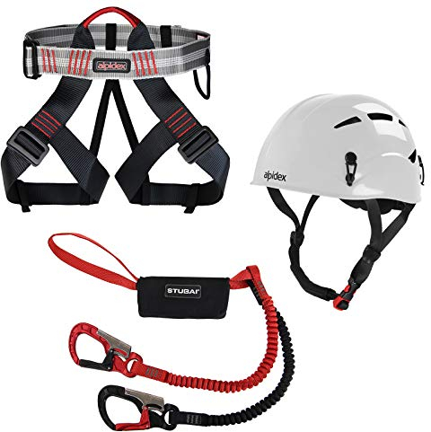 ALPIDEX Kletterhelm Klettergurt + Stubai Klettersteigset Basic 3.0, Farbe:Bright White, Größe:Gurt - Universalgröße/Green Pepper