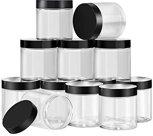 SATINIOR Empty 12 Pack Clear Plastic Slime Storage Favor Jars Wide-mouth Plastic Containers with Lids for Beauty Products, DIY Slime Making or Others (10 oz, Black)