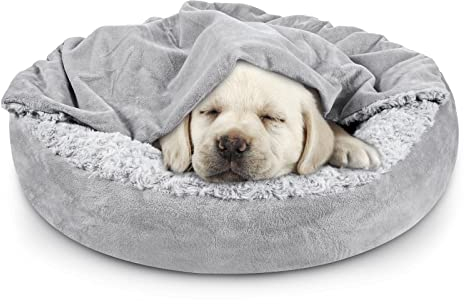 JOEJOY Kleines Hundebett,Katzenbett mit Kapuzendecke, Donut-Design, rund, Kunstfell, gemütlich, selbstwärmend, Schlafend, Katzenhöhle, rutschfest, orthopädisches Haustiersofa für drinnen und draußen