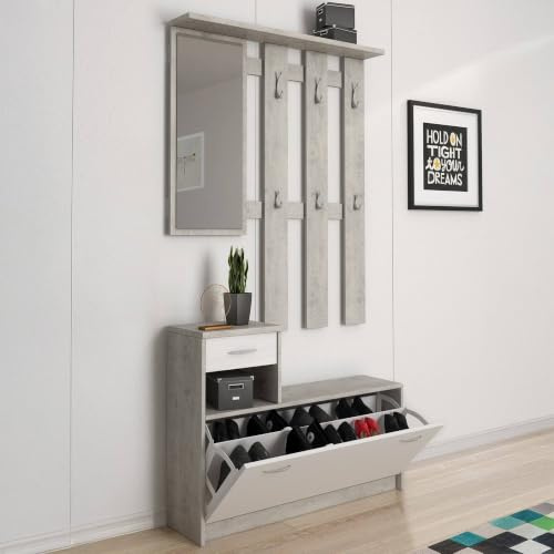 Dmora Eingangsmöbel mit Spiegel, Eingang für Flur mit Schuhregal, Taschenleerer für kleine Wohnungen, cm 100x25h180, Weiß und Zementfarbe