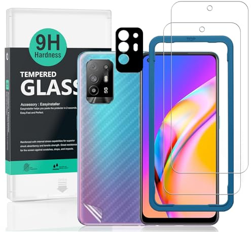 Ibywind Verre Trempé de Protection pour Oppo A94 5G 6.43,[Paquet de 2] avec Métal Protecteur D'écran de Caméra,Protection arrière Effet Fibre de Carbone,avec Une kit d'installation Facile
