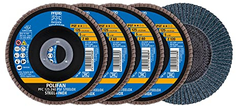 PFERD Fächerscheiben-Set, 4-teilig | 4x POLIFAN-Fächerscheibe 125x22,23mm, konisch, Z40, Z60, Z80, Z120, Universallinie PSF STEELOX | 69198300 – für Stahl und Edelstahl (INOX)