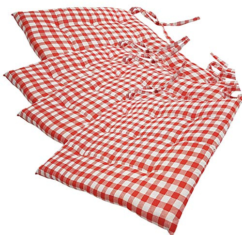 NYVI Stuhlkissen 40x40 cm ComfySeat Rot Weiß kariert 4er Set - Sitzkissen mit Bändern/Schleife, 9-fache Steppung - Indoor & Outdoor - Gartenstuhlkissen aus Baumwoll-Mischgewebe - ÖkoTex 100