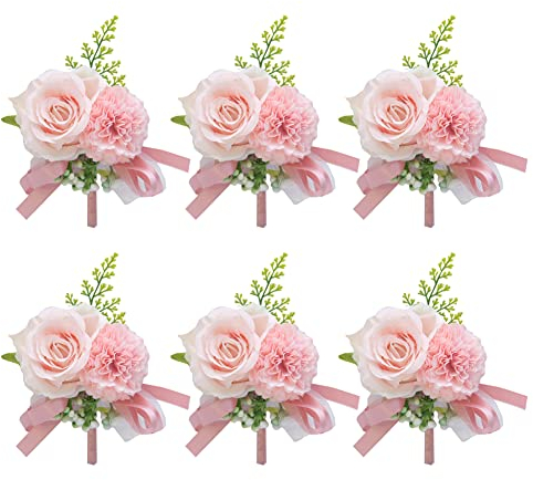 6 Stück Boutonniere Rose Hochzeit Künstliche Handgefertigte Satin Hochzeit Ansteckblume bräutigam Trauzeugen Handarbeit Corsage Knopfloch Blumen für Bräutigam Herren Braut Frauen,Rosa