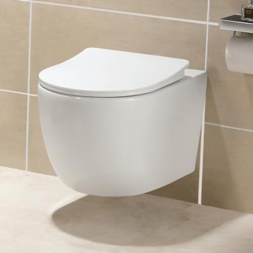 HOROW Inodoro colgante con nano revestimiento, inodoro para invitados, compacto de pared con asiento automático de descenso automático, cerámica en blanco, con tapa de cierre suave